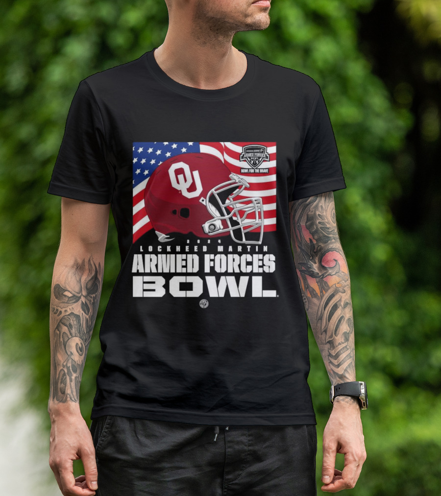 Oklahoma Sooners 2024 Lockheed Martin Armed Forces Bowl American Flag Helmet Bowl For The Brave T-Shirt