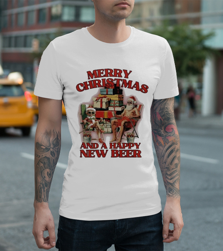 Merry Christmas and a Happy New Beer Skeleton Santa and Elf with Gifts T-Shirt