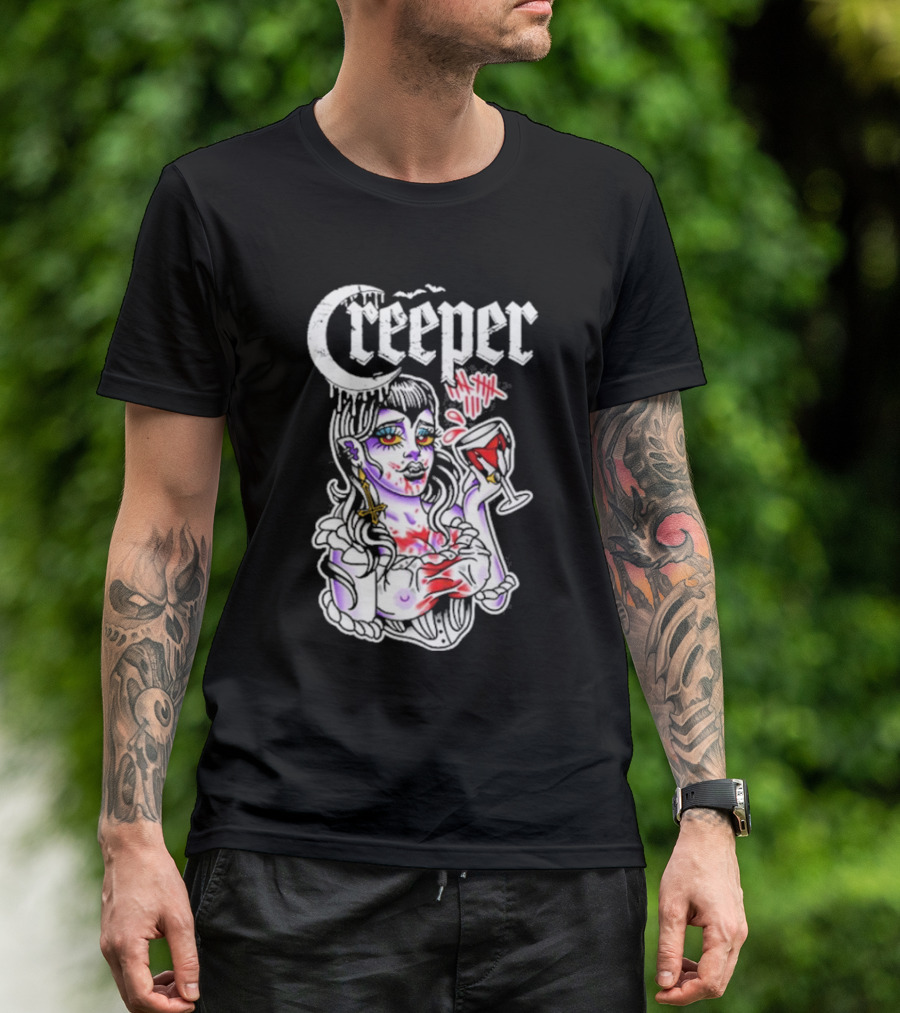 Creeper Vampire Lady With Wine Glass And Blood Splatter T-Shirt
