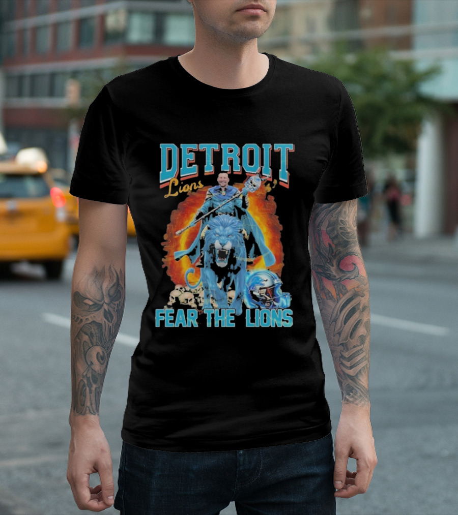 Detroit Lions Fear The Lions Blue Flame Warrior Helmets Skulls T-Shirt