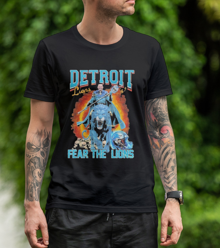Detroit Lions Fear The Lions Blue Flame Warrior Helmets Skulls T-Shirt