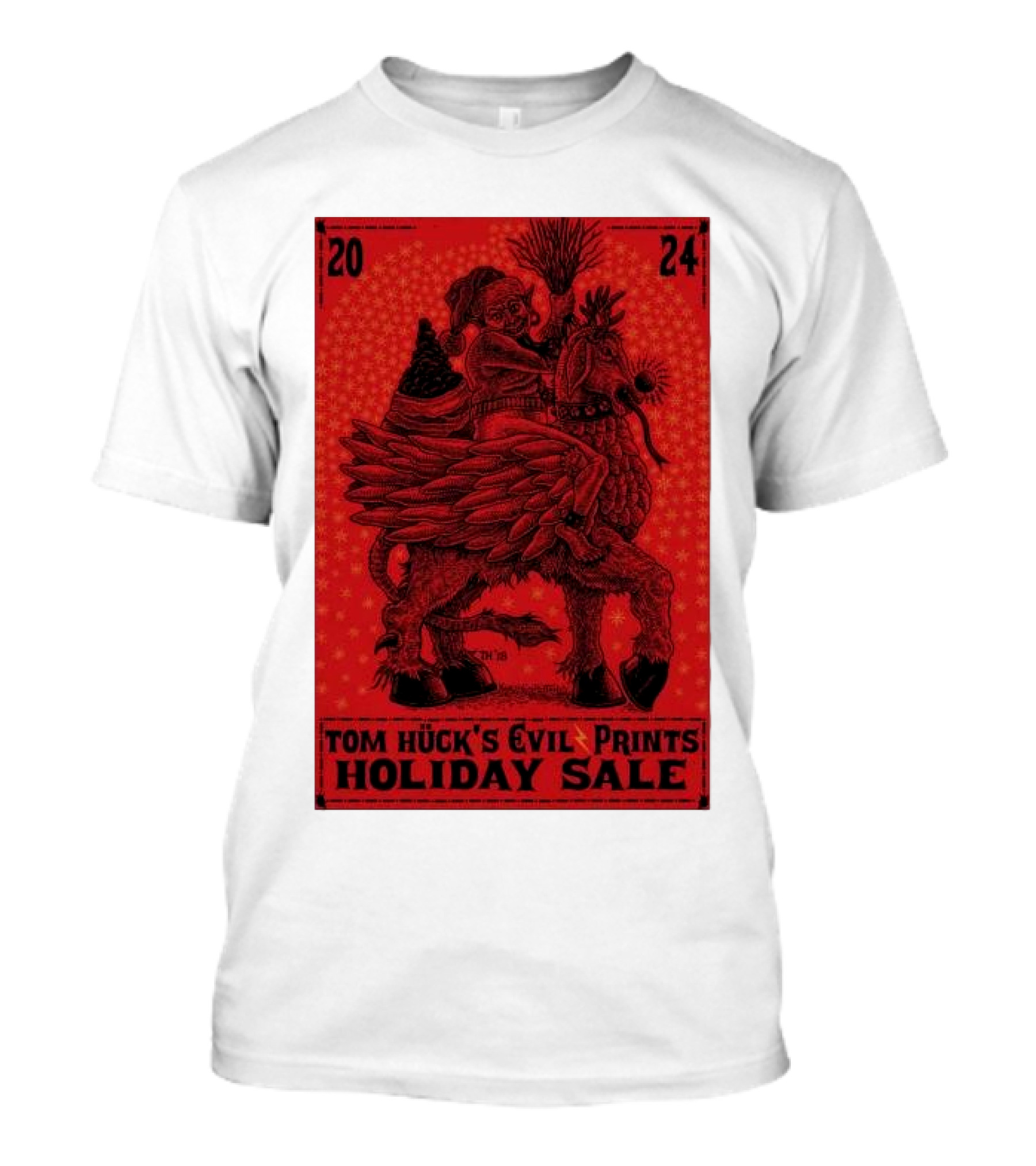 Tom Huck's Evil Prints Holiday Sale 2024 Riding Mythical Creature With Santa Figure T-Shirt
