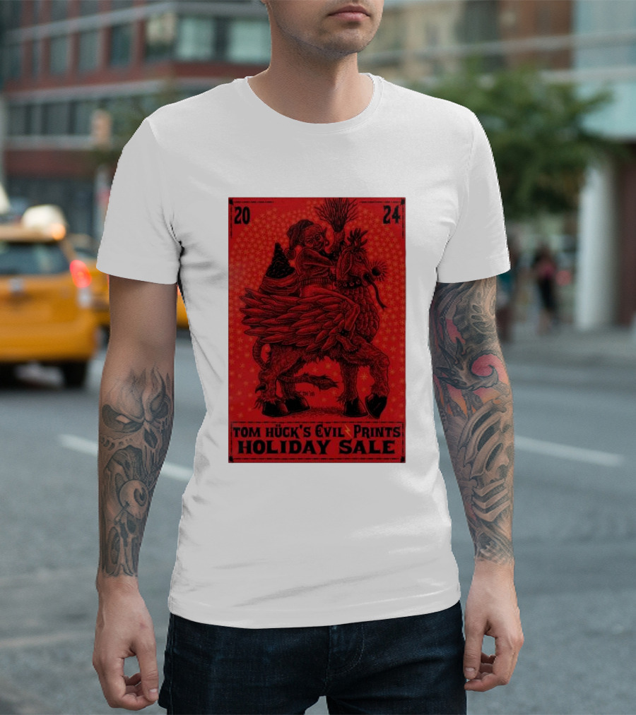 Tom Huck's Evil Prints Holiday Sale 2024 Riding Mythical Creature With Santa Figure T-Shirt
