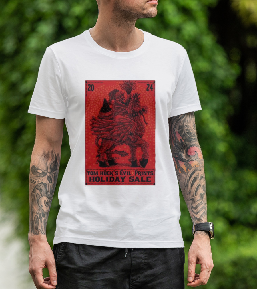 Tom Huck's Evil Prints Holiday Sale 2024 Riding Mythical Creature With Santa Figure T-Shirt