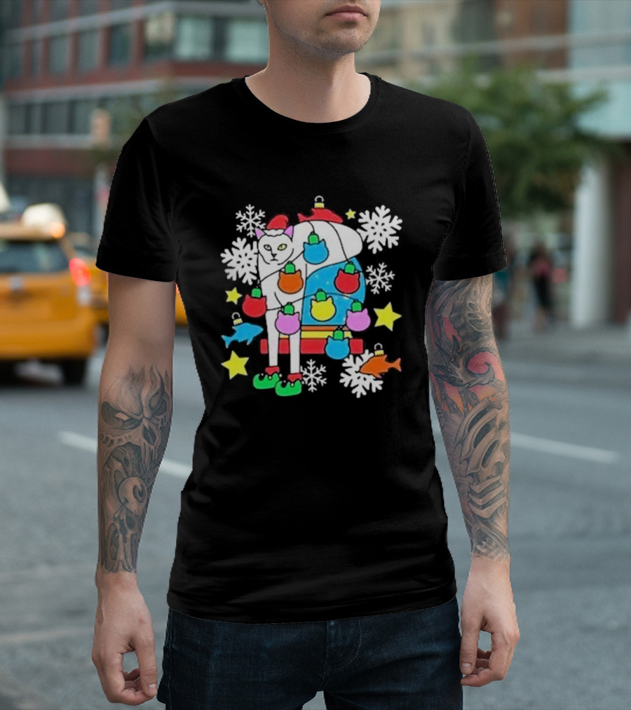 Weird Little Holiday Cat with Santa Hat and Colorful Baubles Christmas T-Shirt