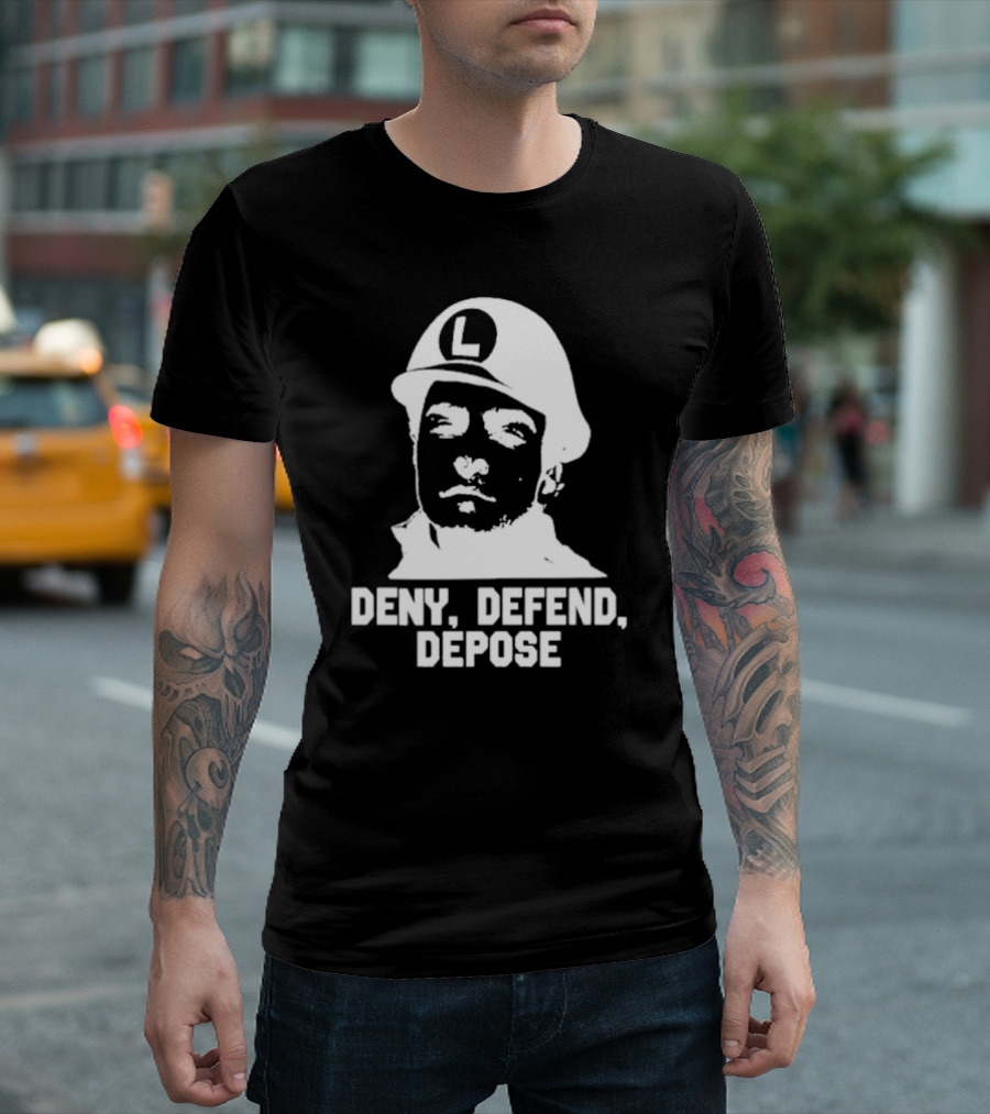 Yesyoureracist Deny Defend Depose Helmeted Face with Letter L T-Shirt