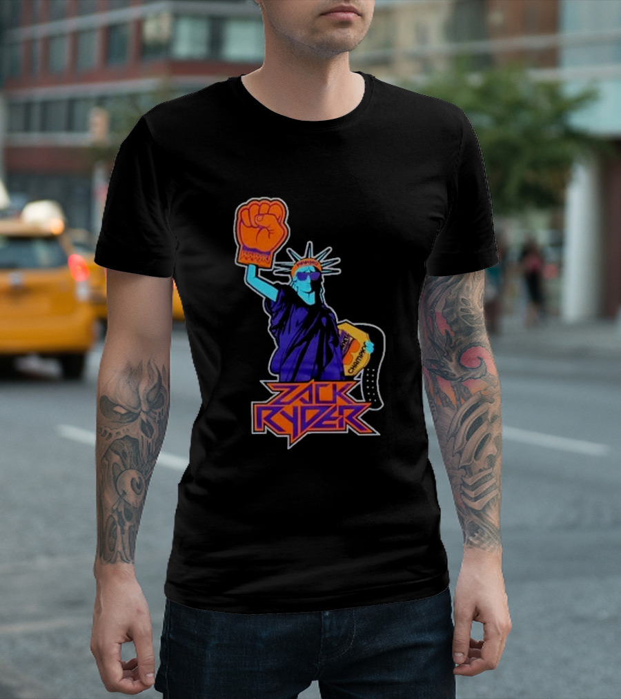 Zack Ryder Fashioned Liberty Holding Champion Belt Statue T-Shirt