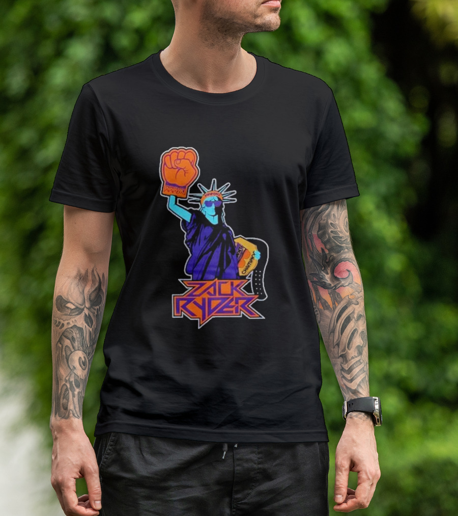 Zack Ryder Fashioned Liberty Holding Champion Belt Statue T-Shirt