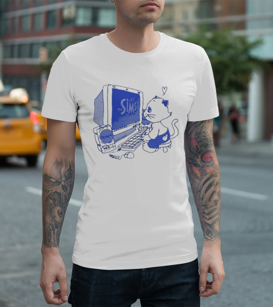 The Sims Loading Screen Cat Computer 90s Nostalgia Blue Graphics T-Shirt