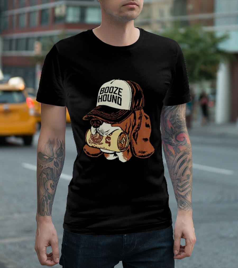 Booze Hound Dog Wearing Cap Holding Beer Can T-Shirt