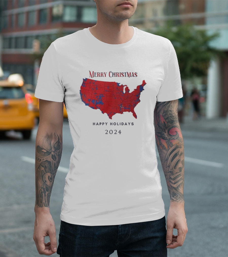 Merry Christmas 2024 Red Map Happy Holidays Republican Trump Election T-Shirt