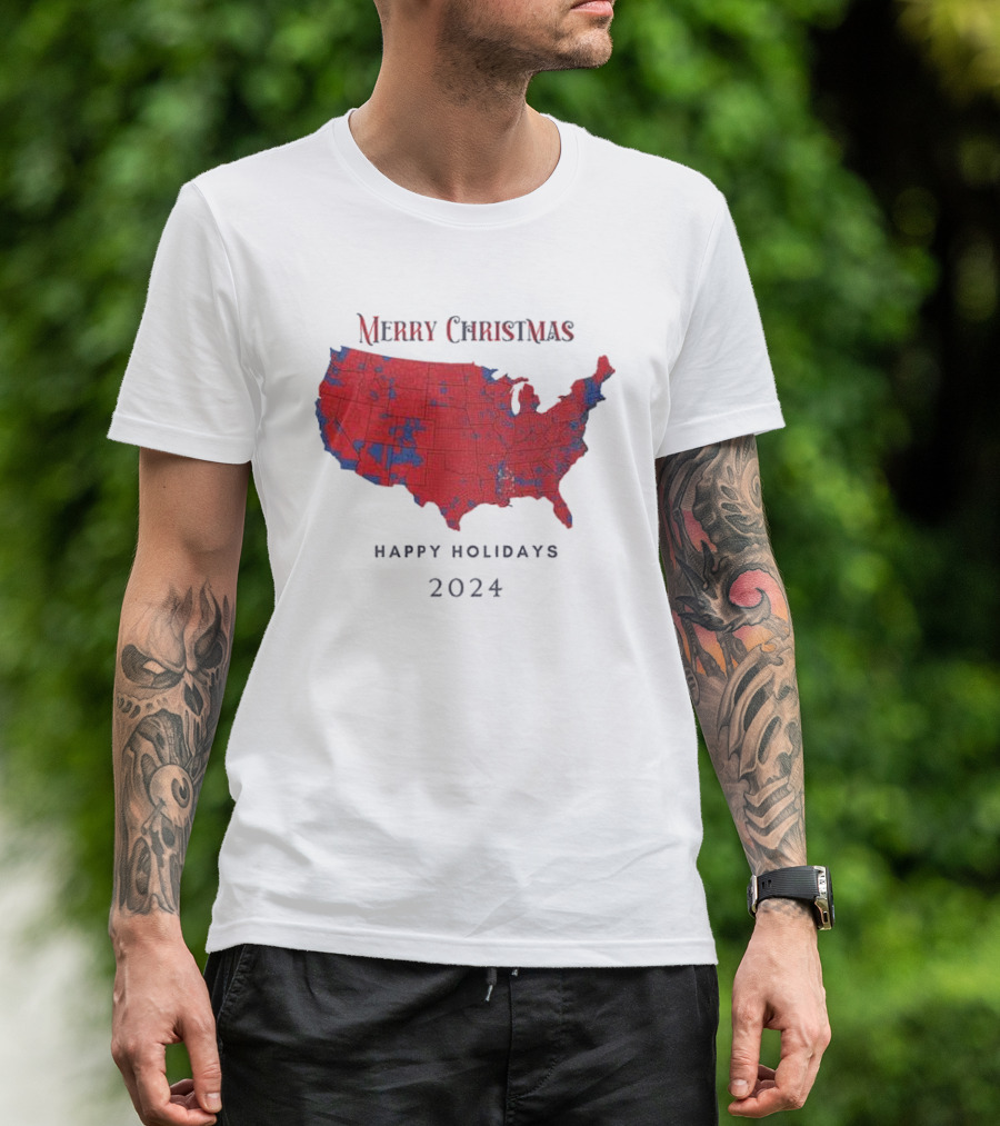 Merry Christmas 2024 Red Map Happy Holidays Republican Trump Election T-Shirt