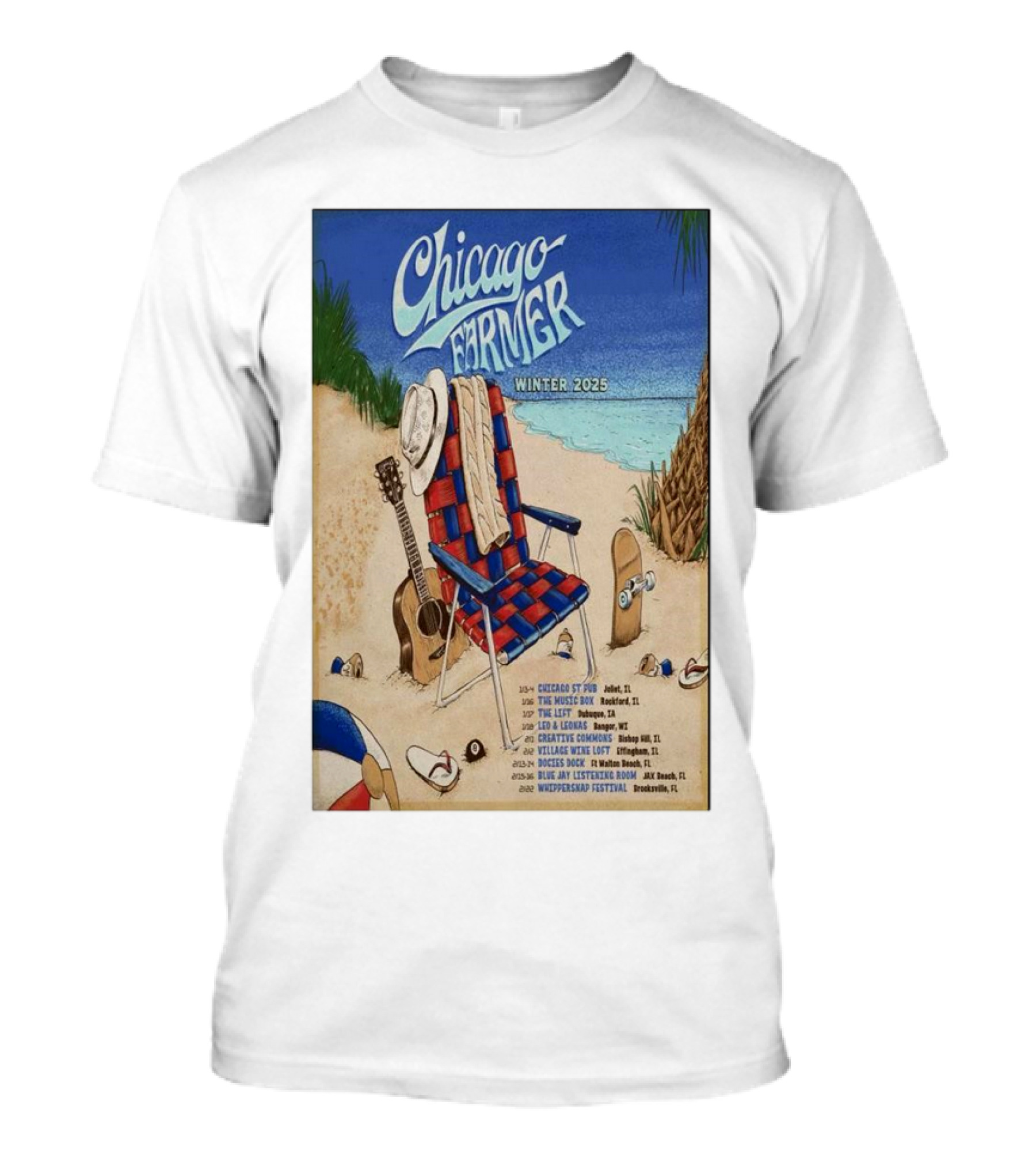 Chicago Farmer Tour Winter 2025 Beach Scene With Guitar And Hat T-Shirt