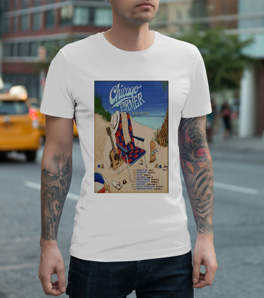 Chicago Farmer Tour Winter 2025 Beach Scene With Guitar And Hat T-Shirt