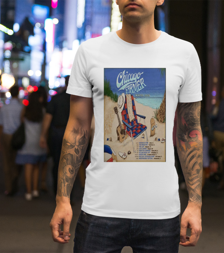 Chicago Farmer Tour Winter 2025 Beach Scene With Guitar And Hat T-Shirt