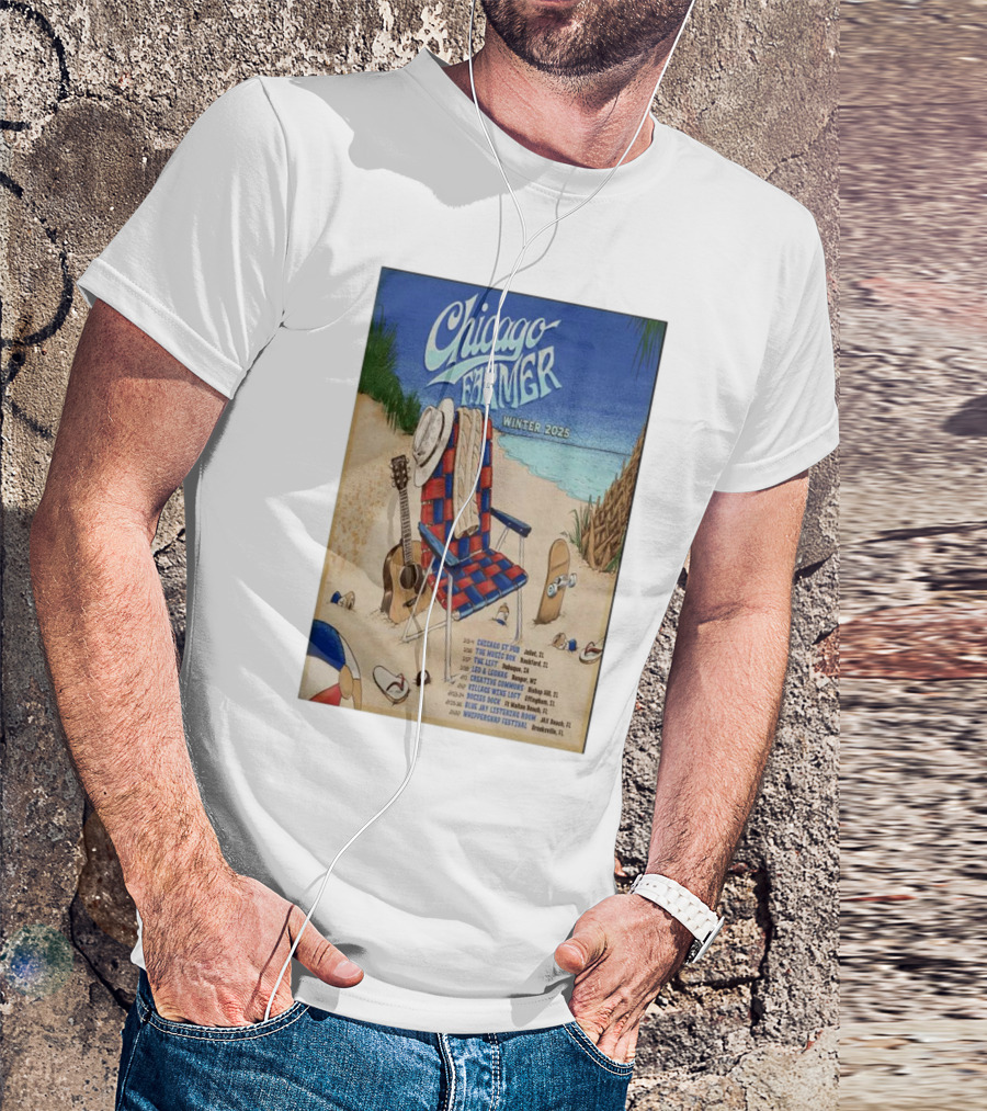 Chicago Farmer Tour Winter 2025 Beach Scene With Guitar And Hat T-Shirt