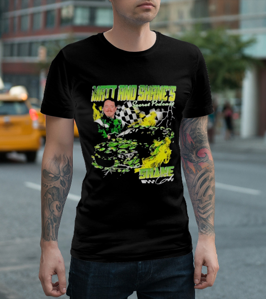 Matt And Shane's Secret Podcast Racing Theme With Flames And Checkered Flag T-Shirt