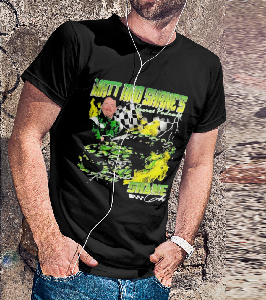 Matt And Shane's Secret Podcast Racing Theme With Flames And Checkered Flag T-Shirt