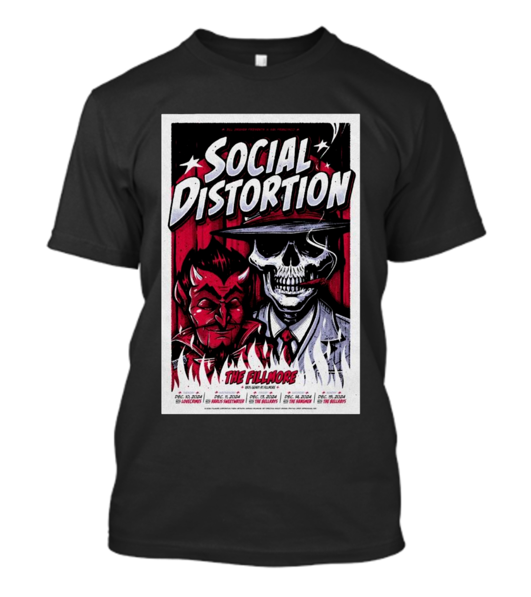 Social Distortion The Fillmore Dec 10-15 2024 San Francisco CA Skater Skeleton And Devil T-Shirt
