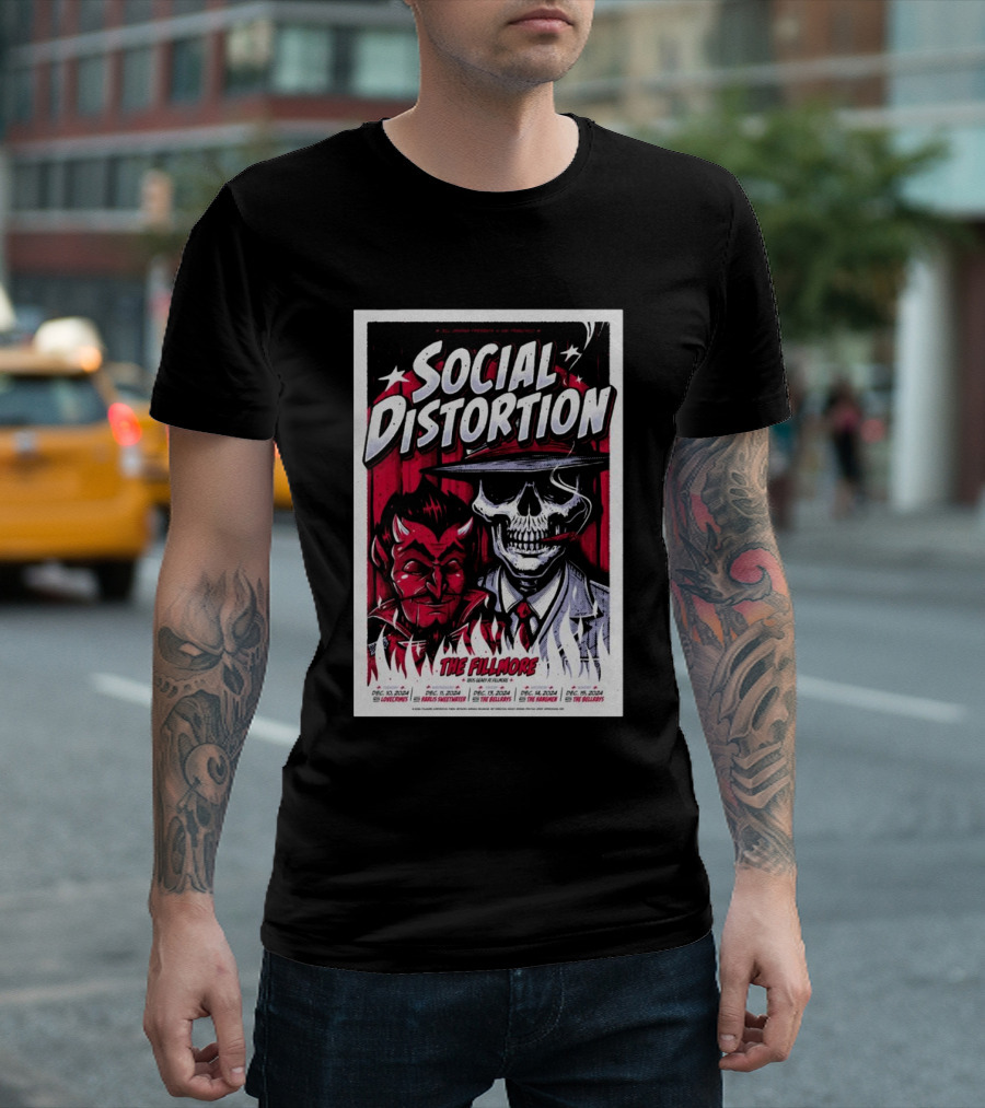 Social Distortion The Fillmore Dec 10-15 2024 San Francisco CA Skater Skeleton And Devil T-Shirt