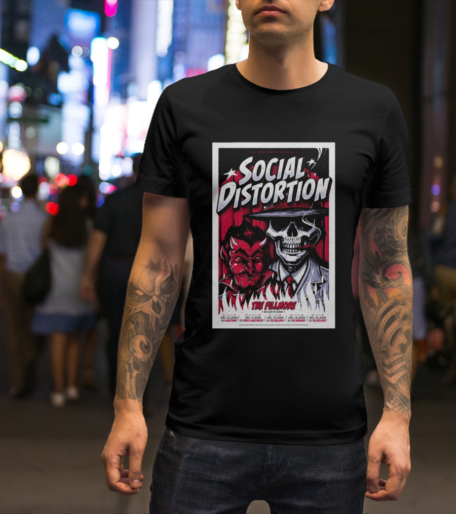 Social Distortion The Fillmore Dec 10-15 2024 San Francisco CA Skater Skeleton And Devil T-Shirt