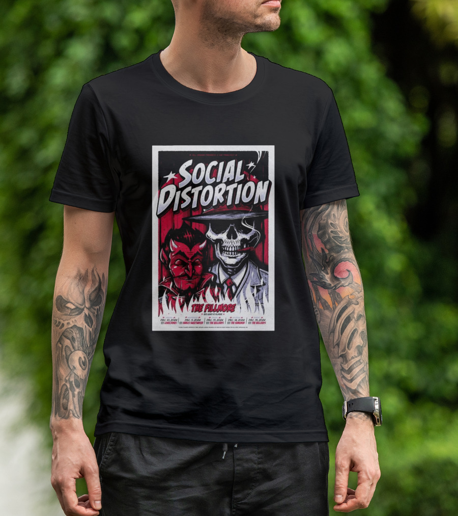Social Distortion The Fillmore Dec 10-15 2024 San Francisco CA Skater Skeleton And Devil T-Shirt
