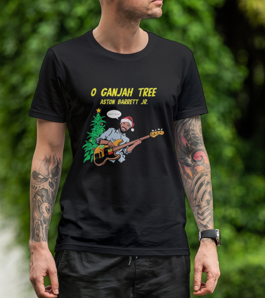 O Ganjah Tree Holiday Christmas Aston Barrett Jr Santa Hat Playing Guitar T-Shirt