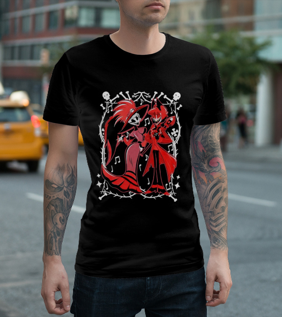 Hazbin Hotel Rosie and Alastor with Musical Notes and Skull Border T-Shirt