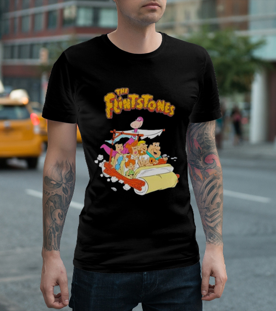 The Flintstones Family Adventure in Iconic Prehistoric Car T-Shirt