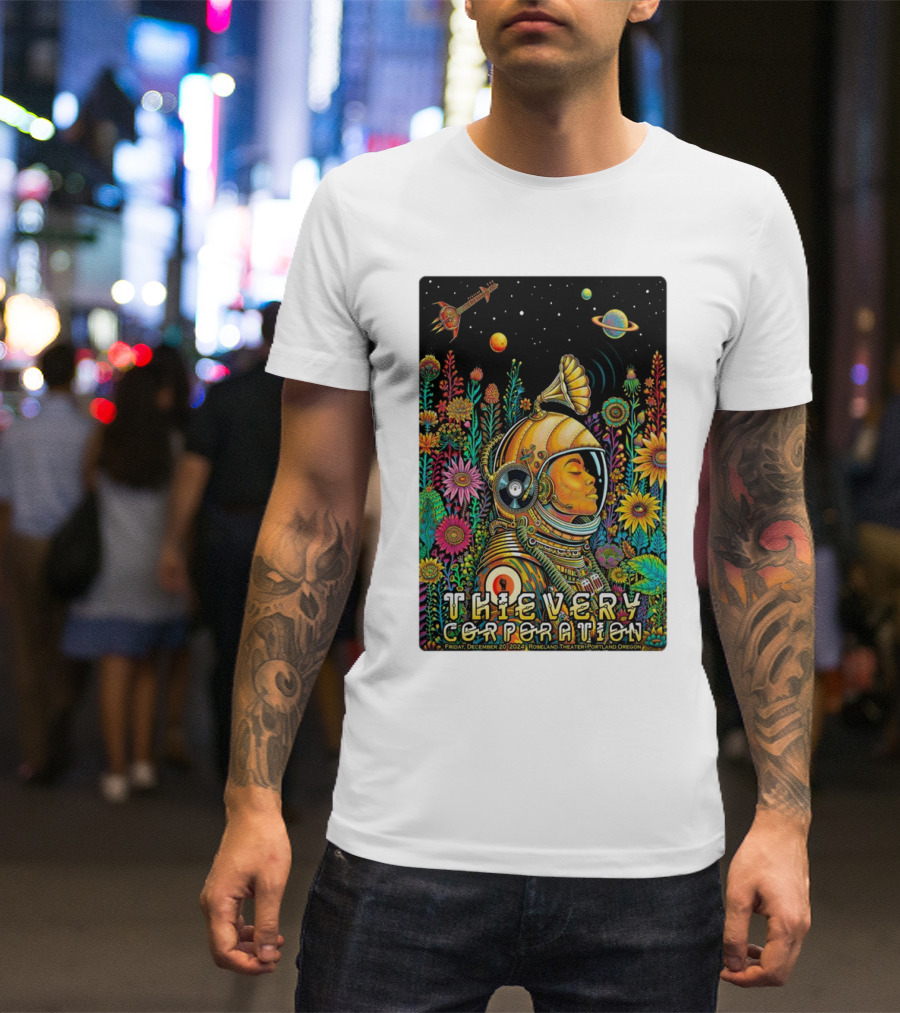 Thievery Corporation Space Astronaut Floral Concert Roseland Theater December 20 2024 Portland Oregon T-Shirt
