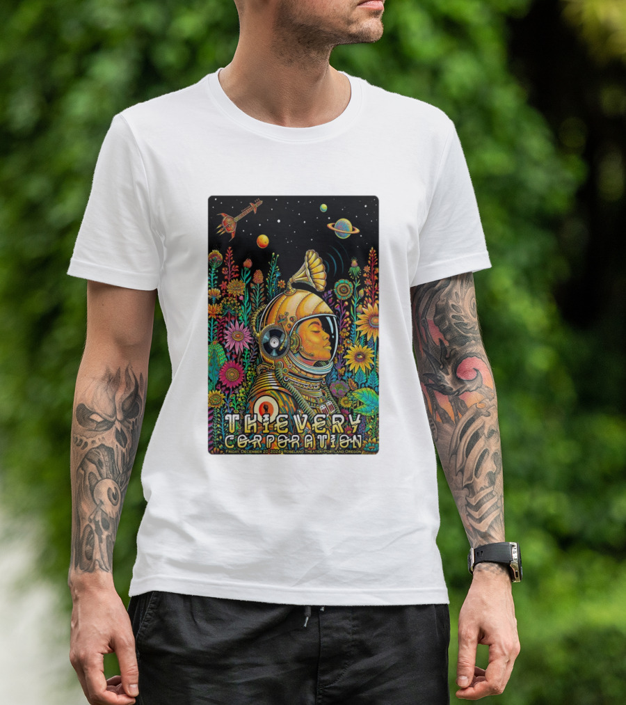 Thievery Corporation Space Astronaut Floral Concert Roseland Theater December 20 2024 Portland Oregon T-Shirt