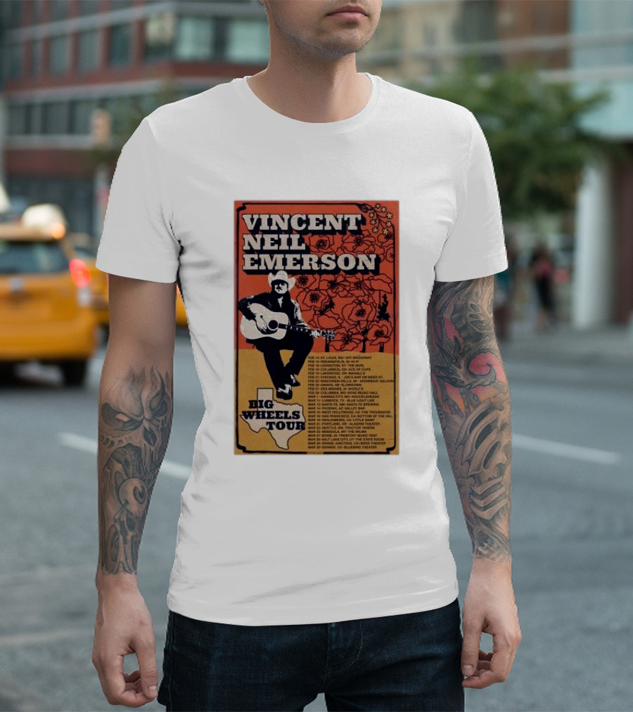 Vincent Neil Emerson Big Wheels Tour 2025 Texas State Concert Dates And Floral Background T-Shirt