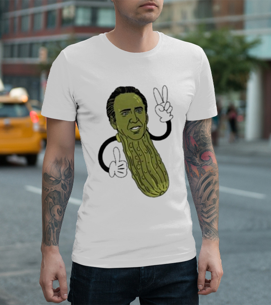 Picolas Cage Nick Cage Pickle Character with Peace Sign Christmas T-Shirt