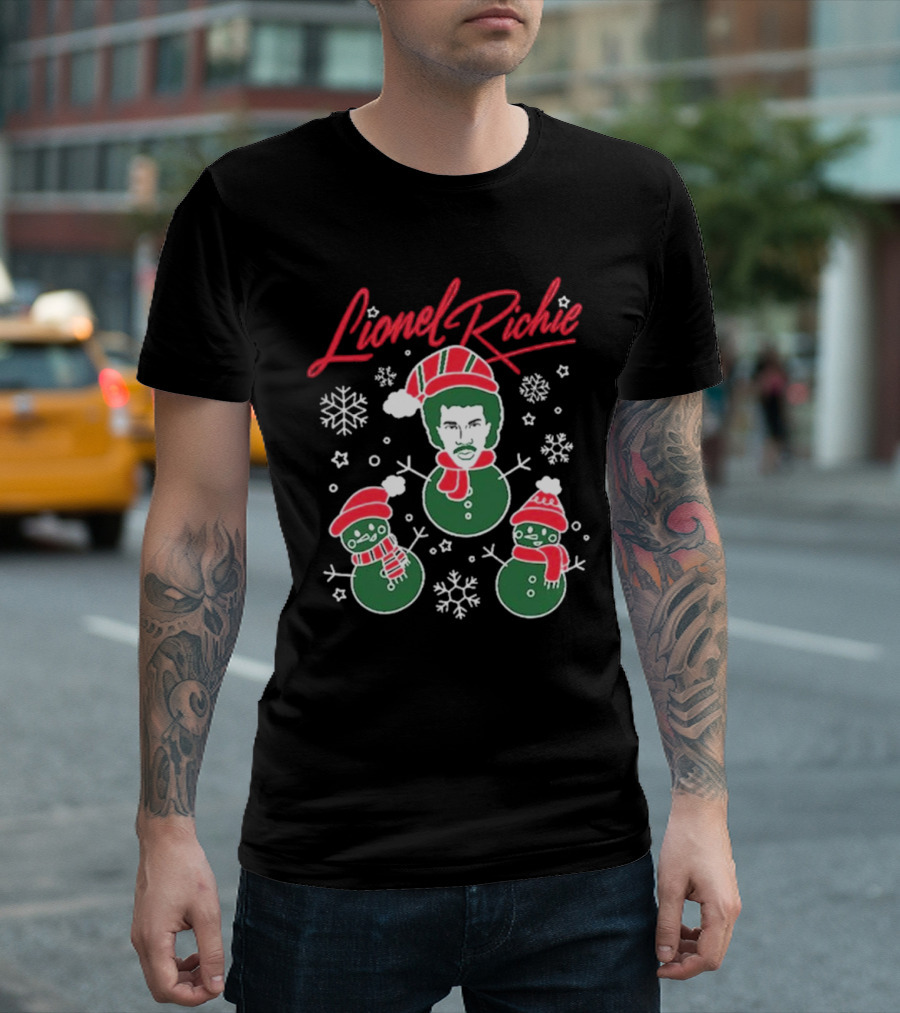 Lionel Richie Festive Snowman Trio with Red and Green Accents T-Shirt