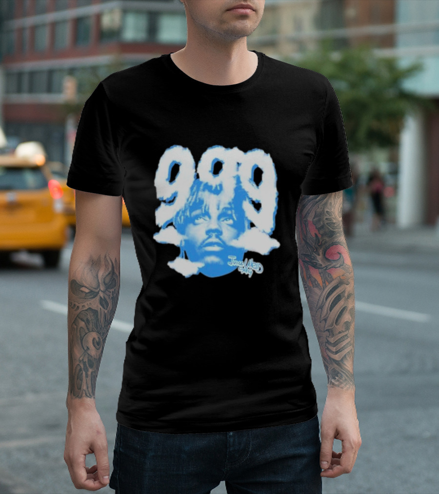 Juice Wrld 999 Clouds Portrait With Signature In Blue And White T-Shirt