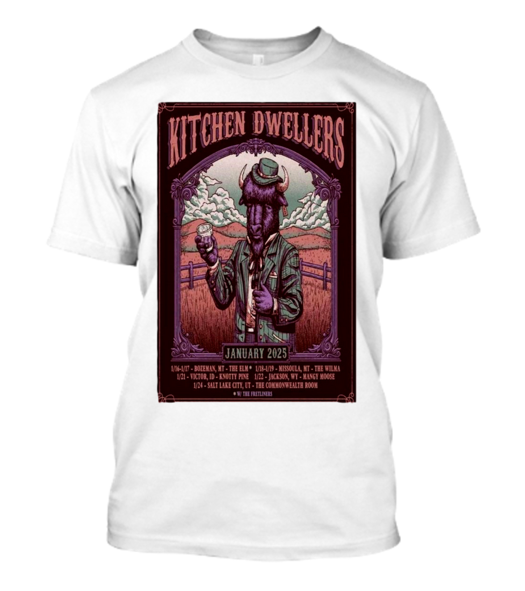 Kitchen Dwellers January 2025 Tour Poster Featuring Cowboy Buffalo With Tour Dates And Venues T-Shirt