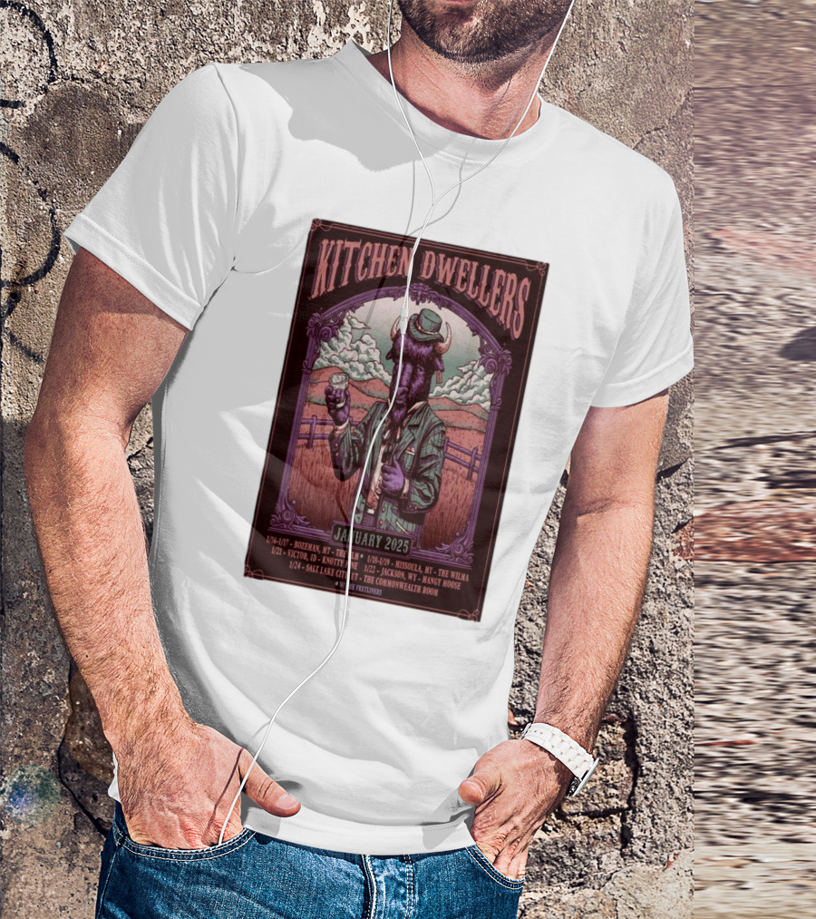 Kitchen Dwellers January 2025 Tour Poster Featuring Cowboy Buffalo With Tour Dates And Venues T-Shirt