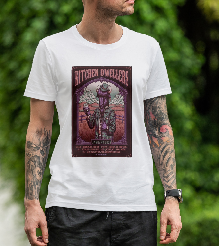Kitchen Dwellers January 2025 Tour Poster Featuring Cowboy Buffalo With Tour Dates And Venues T-Shirt