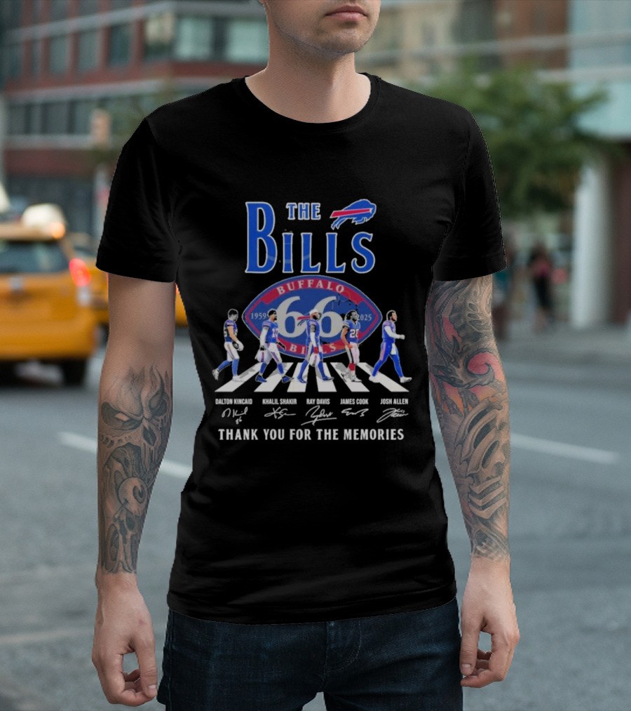 Buffalo Bills 66 Year 1959-2025 Signature Thank You For The Memories Dalton Kincaid Khalil Shakir Ray Davis James Cook Josh Allen T-Shirt