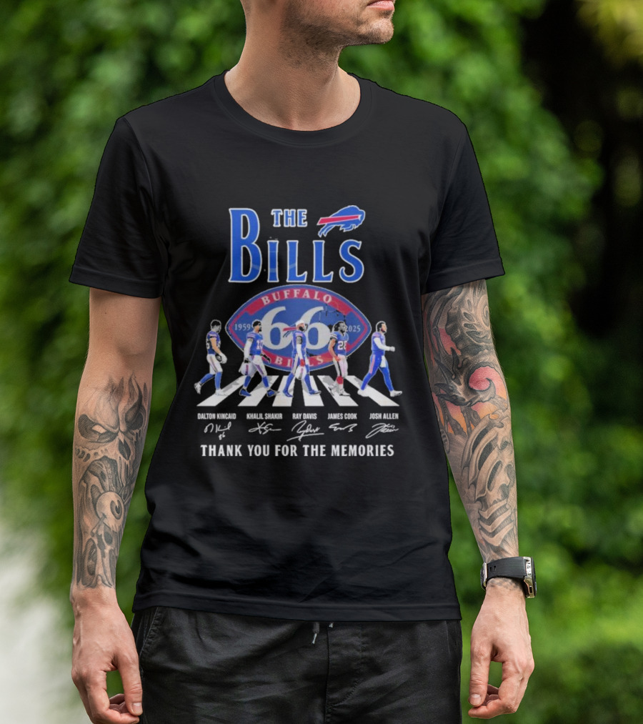Buffalo Bills 66 Year 1959-2025 Signature Thank You For The Memories Dalton Kincaid Khalil Shakir Ray Davis James Cook Josh Allen T-Shirt