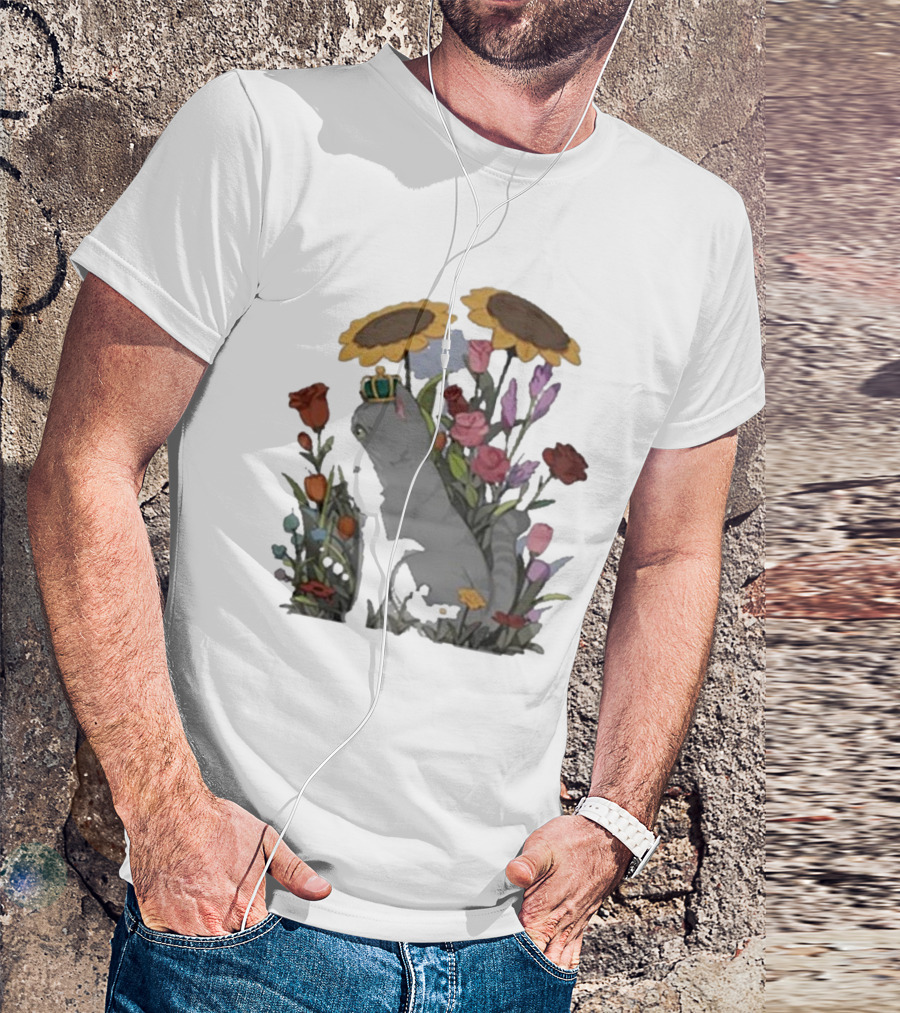 Jellie Floral Cat With Crown And Sunflowers In Garden T-Shirt
