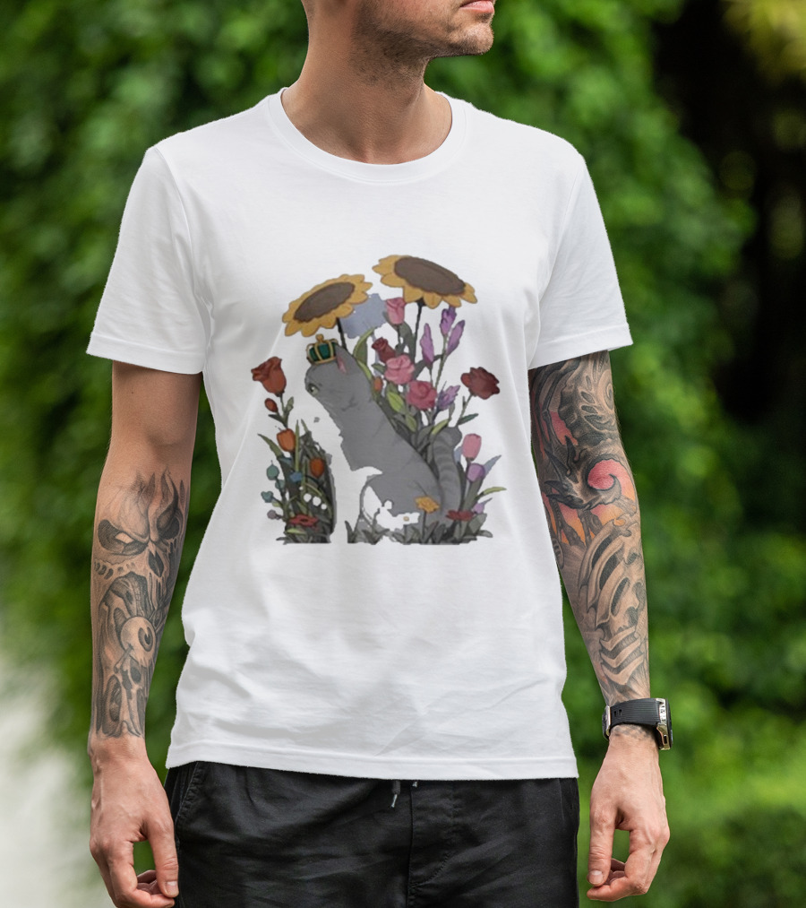 Jellie Floral Cat With Crown And Sunflowers In Garden T-Shirt