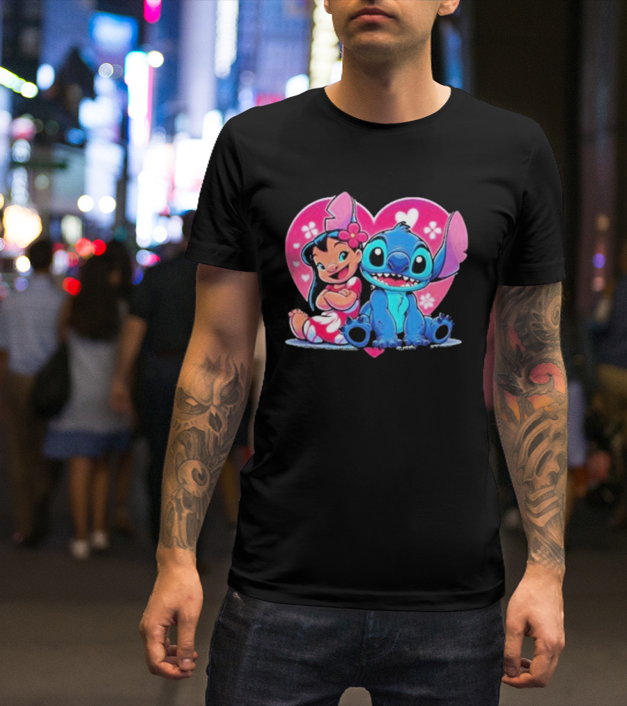 Lilo And Stitch Heart Background Pink Flower Ears Cute Characters T-Shirt