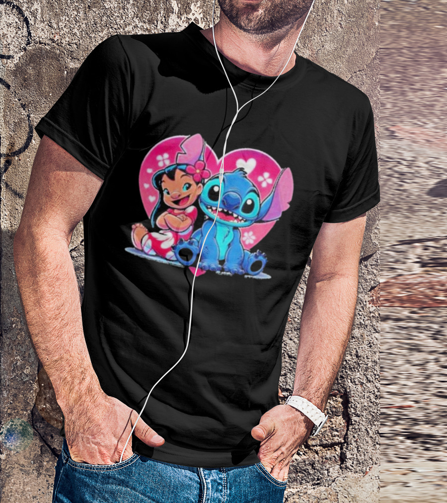 Lilo And Stitch Heart Background Pink Flower Ears Cute Characters T-Shirt