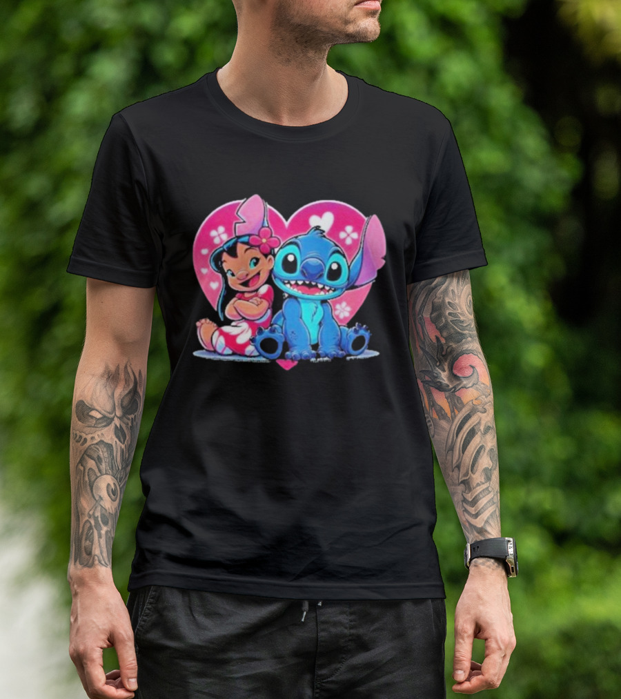 Lilo And Stitch Heart Background Pink Flower Ears Cute Characters T-Shirt