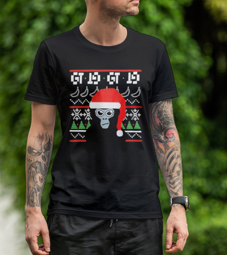 GT IS GT IS Festive Monke Claus Santa Hat Christmas Trees Snowflakes T-Shirt