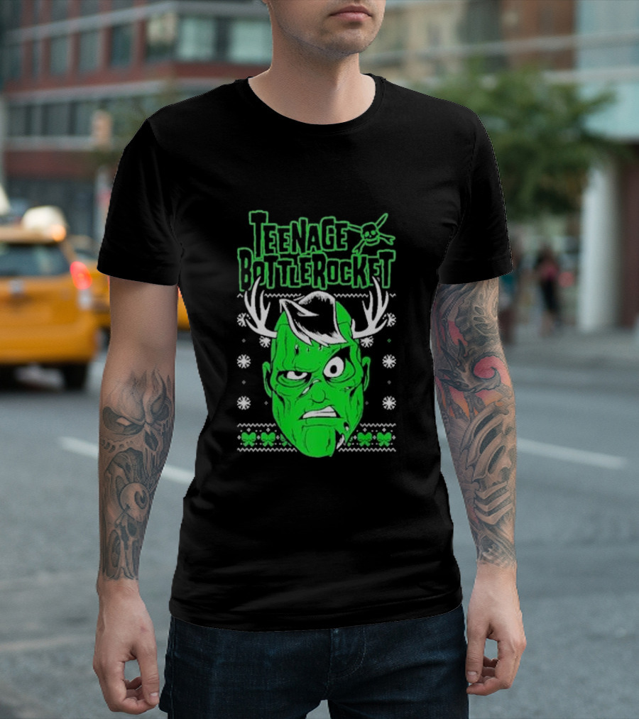 Teenage Bottlerocket Green Grumpy Face With Antlers Snowflakes Skulls Christmas T-Shirt