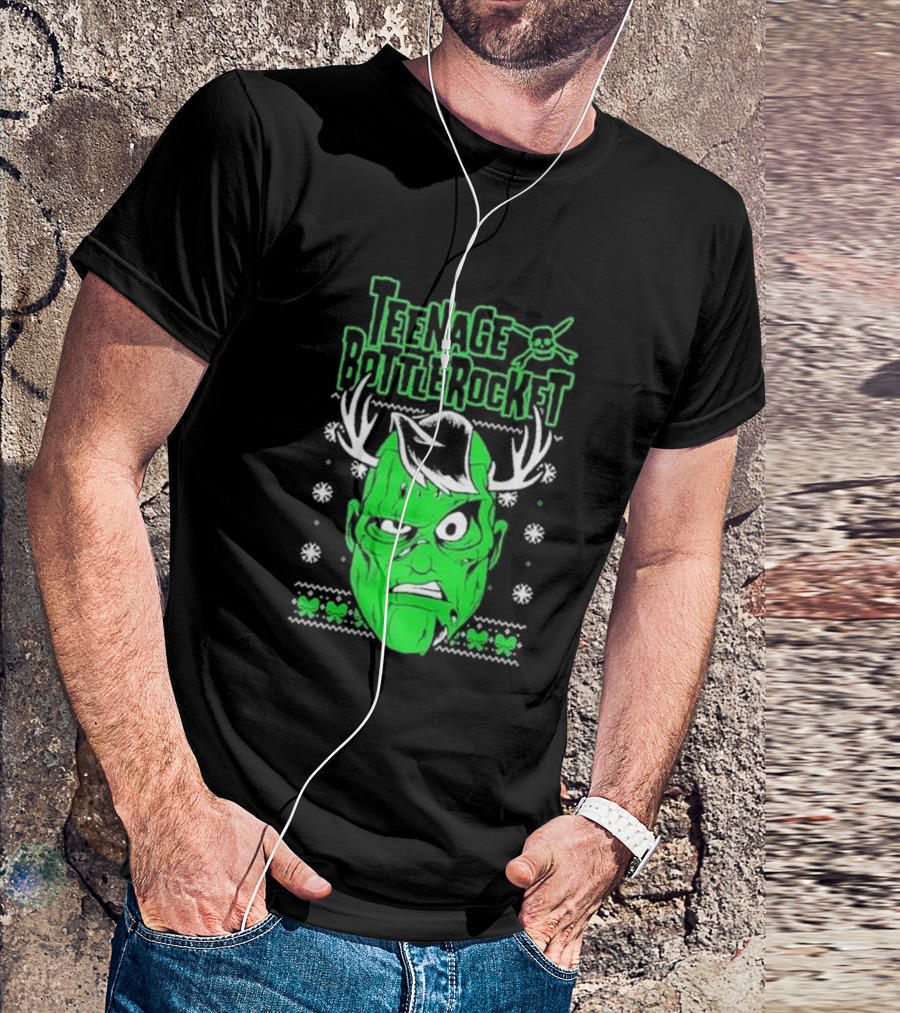 Teenage Bottlerocket Green Grumpy Face With Antlers Snowflakes Skulls Christmas T-Shirt