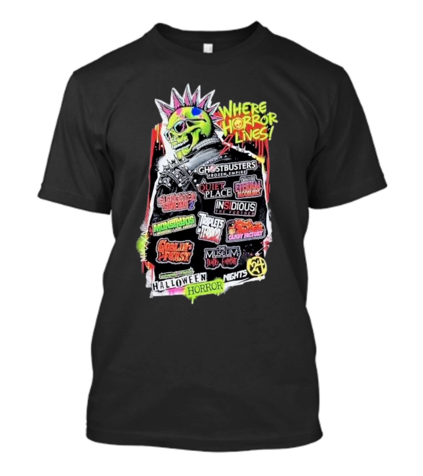 Halloween Horror Nights 2024 Universal Studios Where Horror Lives Ghostbusters Gremlins A Quiet Place Stranger Things Insidious The Last Of Us T-Shirt