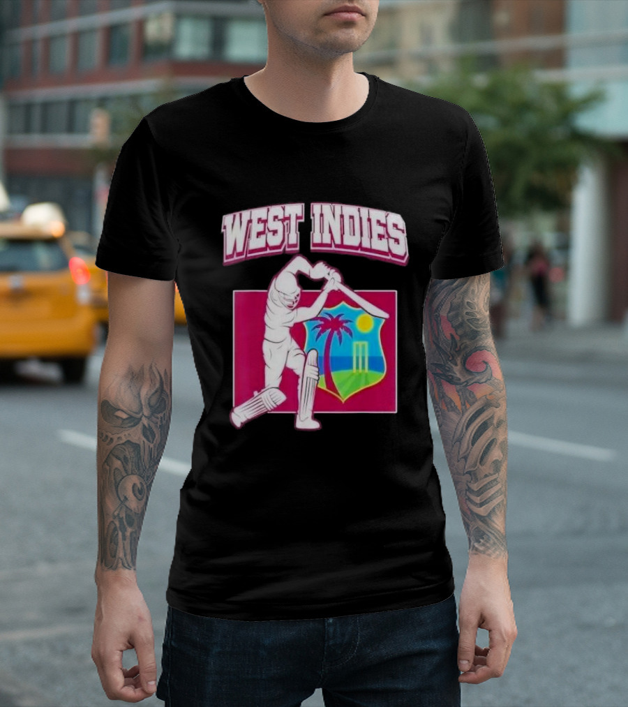 WEST INDIES CRICKET WINDIES LOGO BATSMAN PALM TREE STUMPS SUN CREST T-Shirt